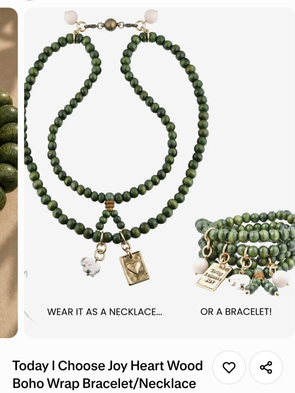 Today I Choose Joy Heart Wood Beaded Necklace/Bracelet - Green